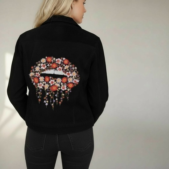 Savanna Jane Jackets & Blazers - Savanna Jane | Faux Suede Black Floral Kiss Moto Jacket